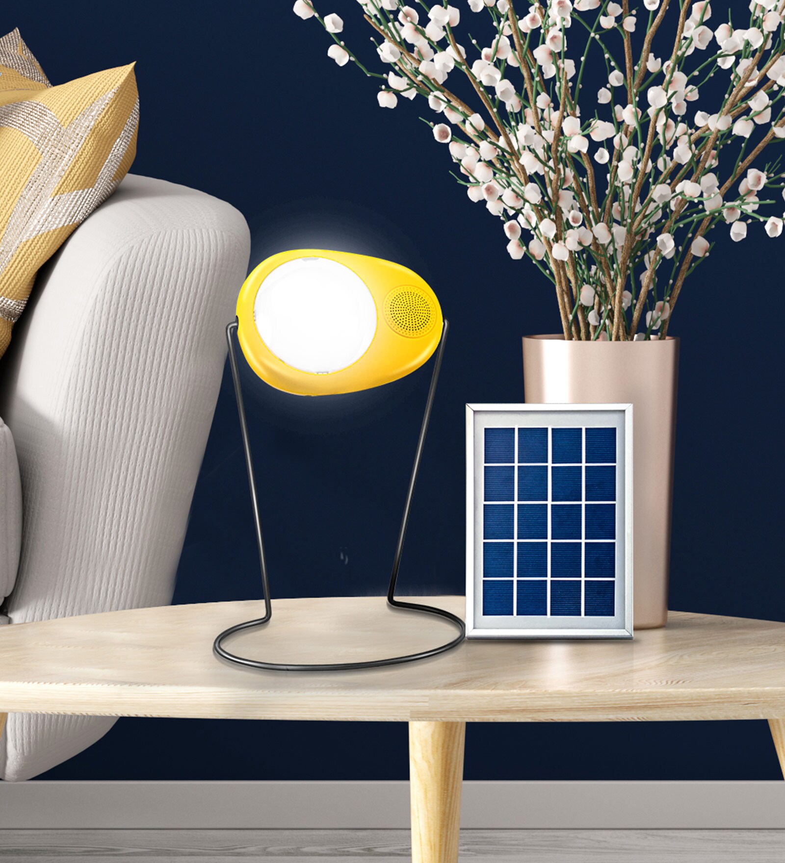 Boom- [3-In-1] Portable Solar Lamp with Fm, Mp3, & USB Mobile Charging Solar Light Lamp with Yellow Base